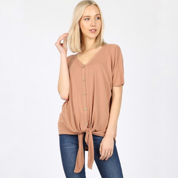 Tops - Tan Button-Up Knot Front Tee